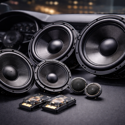 Premium car speakers and subwoofers with large cones and tweeters, designed for high-performance in-car audio systems