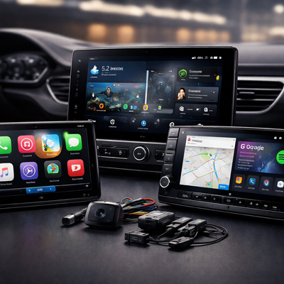 Premium car infotainment systems featuring large touchscreen displays, navigation, Apple CarPlay, Android Auto, and multimedia controls.