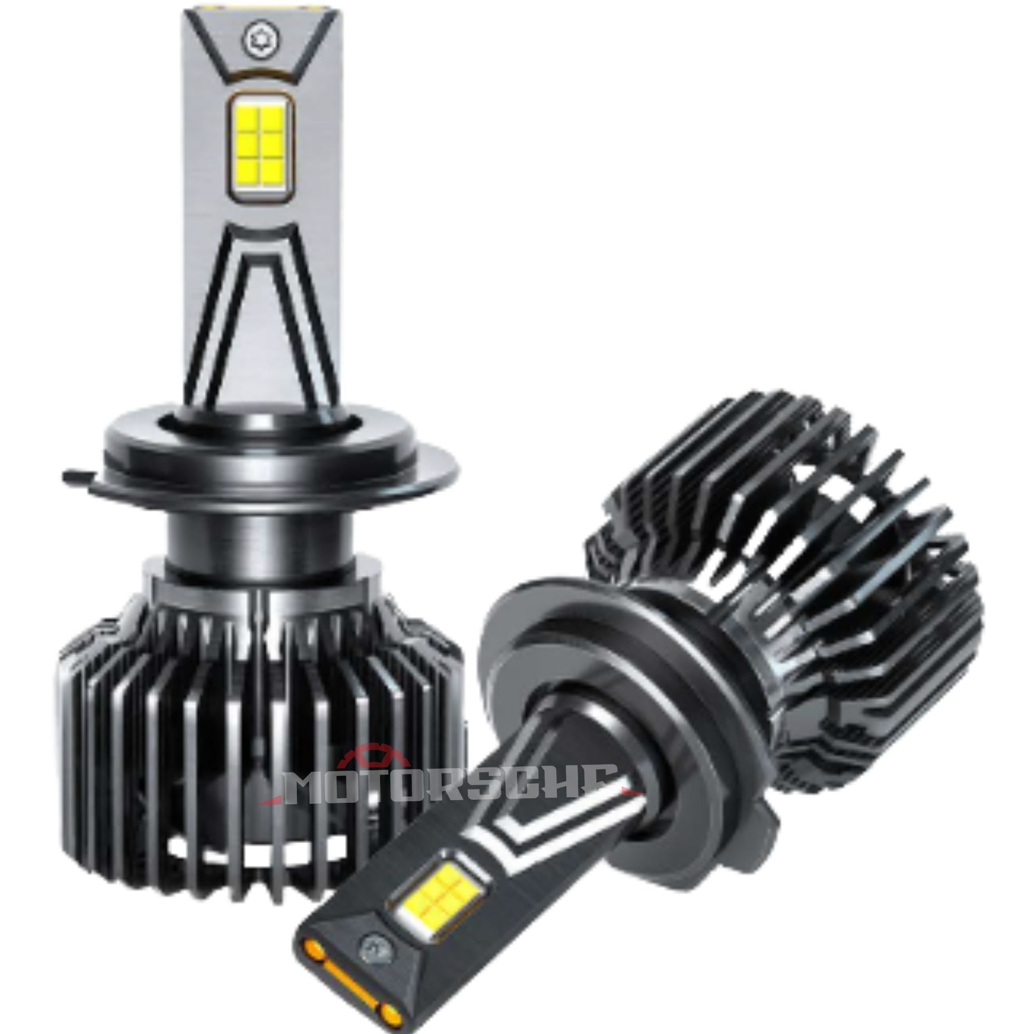 Two car headlight bulbs with a visible brand logo on a white background